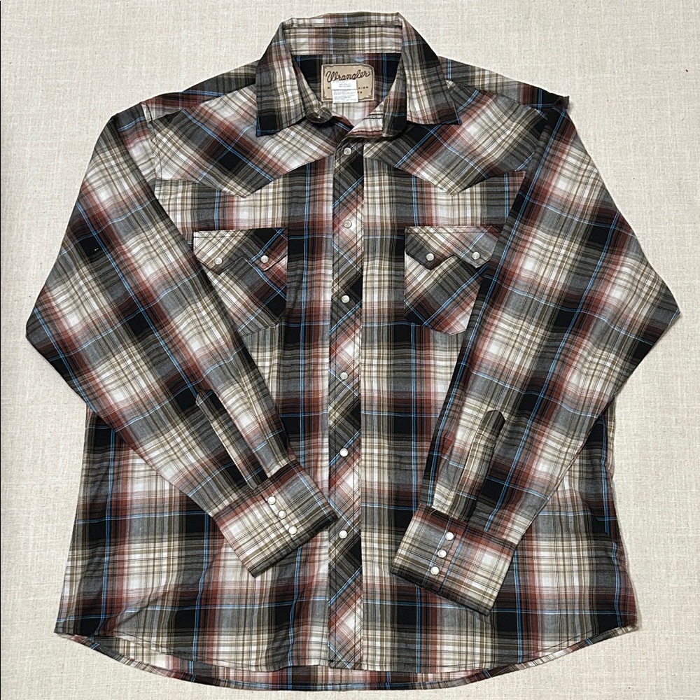 Wrangler Pearl Snap Long Sleeve Shirt Men's XL Brown Casual Plaid Western Rodeo